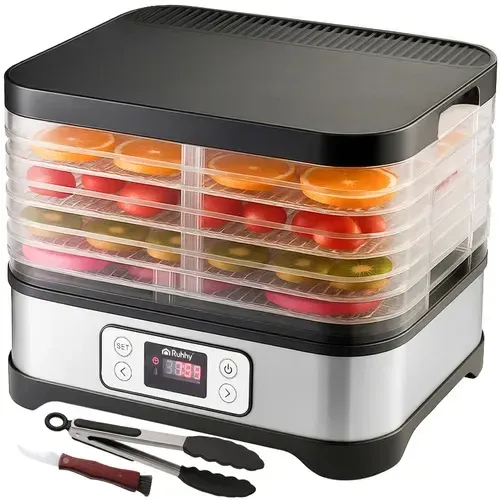 Nerezová sušička potravin 400W, 5 táců 10l, teplota 35–70 °C, časovač 24h, LCD displej, na houby, ovoce, zeleninu, bylinky
