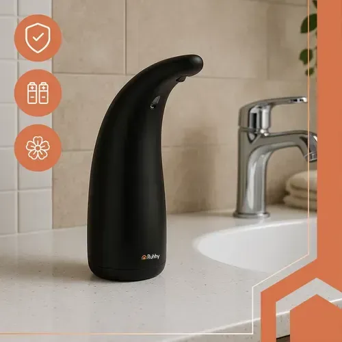Černý bezdotykový dávkovač mýdla 300 ml se senzorem pohybu, IPX7, na 4×AAA baterie