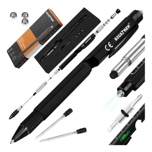 Černé multifunkční pero 9v1, LED svítilna, šroubovák, vodováha, stylus, otvírák, pravítko, klip