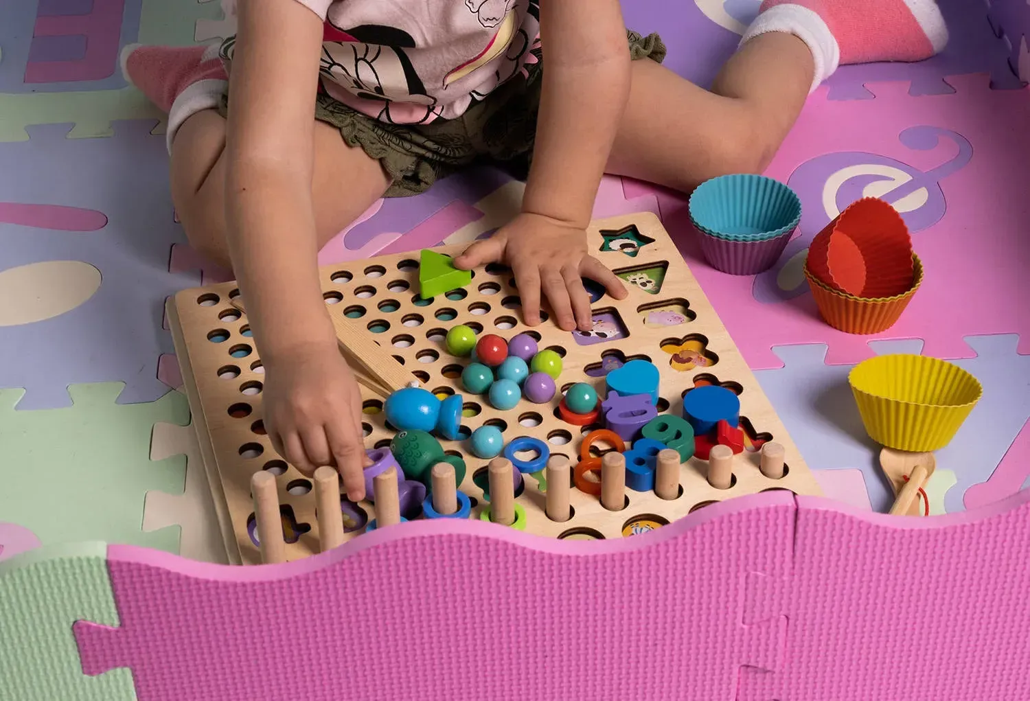 Puzzle mozaic din lemn cu mărgele Montessori, pescuit magnetic, numere, cleștișori, linguriță, șabloane