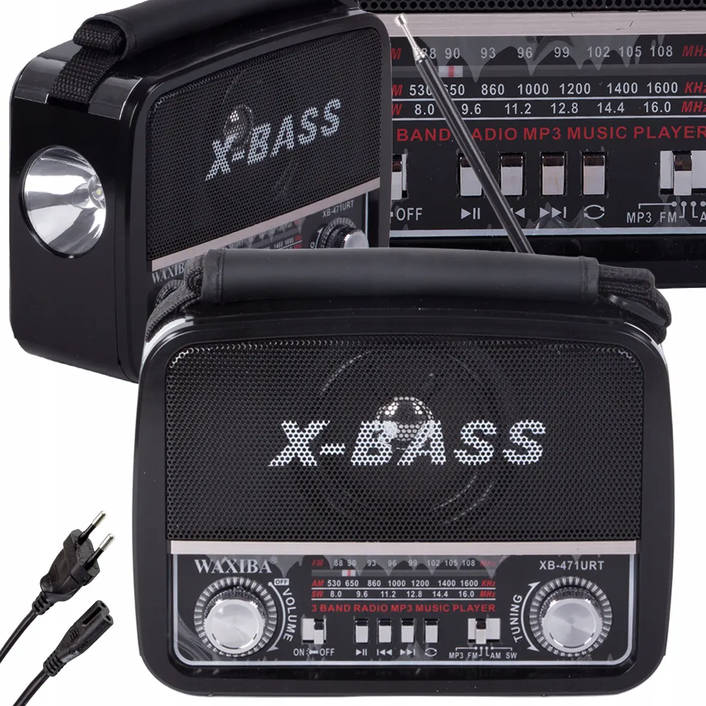 Fekete hordozható rádió 3 sáv FM/AM/SW MP3 lejátszóval USB/microSD/AUX, X-BASS, LED lámpa, hálózati és elemes tápellátás