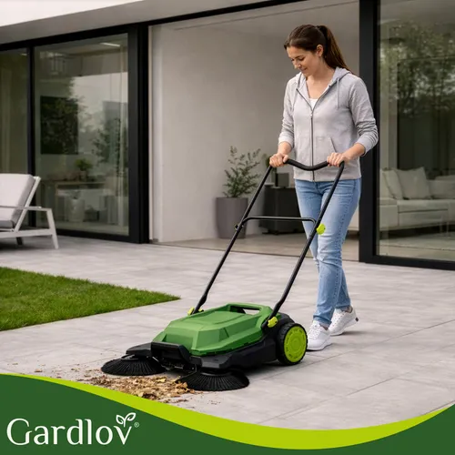 Ruční zametač venkovní se 3 kartáči a nádobou 24l, záběr 68cm, velká kola 20cm, černozelený