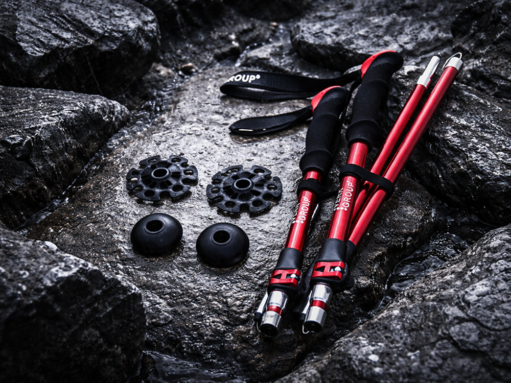 Czerwone składane kije trekkingowe 2 szt., aluminium, Anti-Shock, 114–135 cm, 3 groty