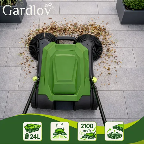 Ruční zametač venkovní se 3 kartáči a nádobou 24l, záběr 68cm, velká kola 20cm, černozelený