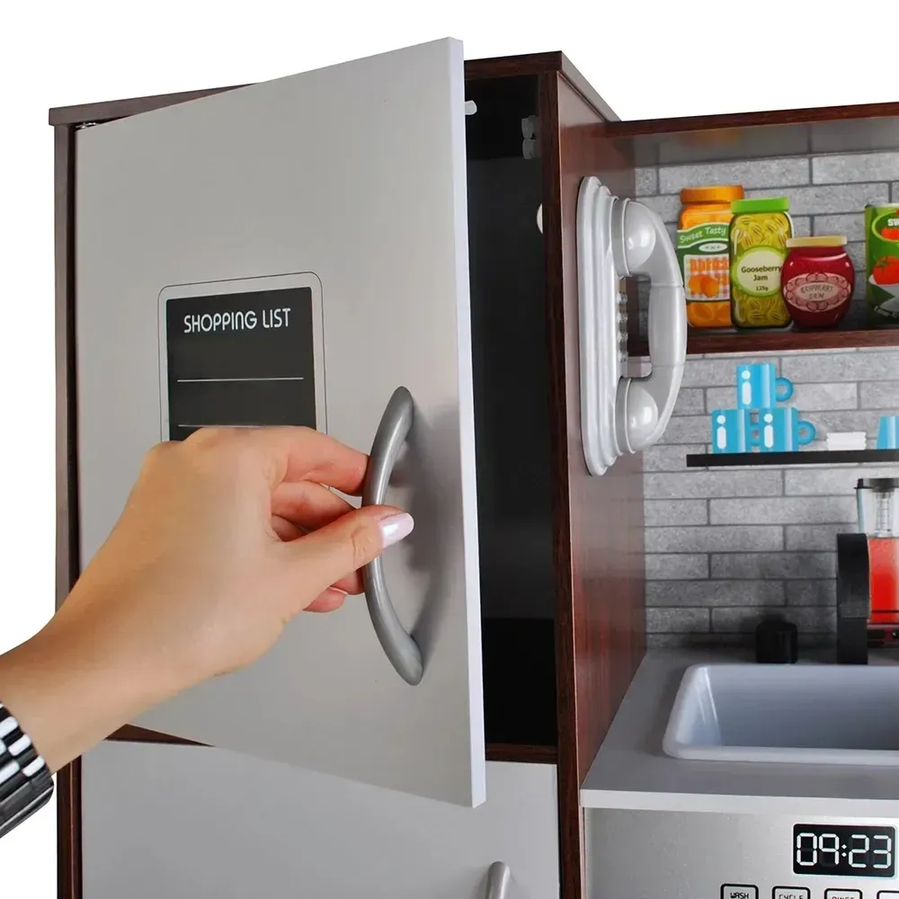 Bucătărie din lemn pentru copii XL 80×80,5 cm cu lumină LED și sunete, oală, tigaie, tacâmuri, cuptor, chiuvetă, maro-alb