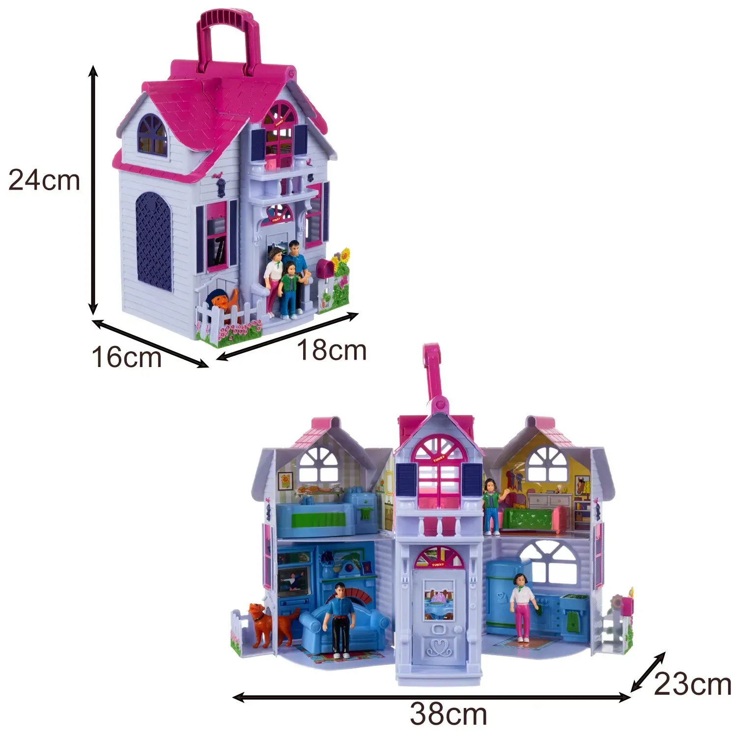 Căsuță pliabilă pentru păpuși cu 6 camere, mobilier, 3 figurine și un câine