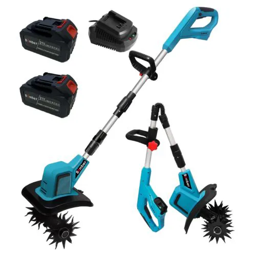 Akumulatorowy kultywator z 2 bateriami, szerokość robocza 20 cm, głębokość 15 cm, regulowany uchwyt
