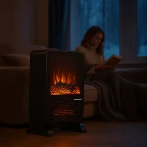 Grzejnik elektryczny z efektem kominka 2000W, ceramiczny PTC, wyświetlacz LCD, pilot, timer 1–8h
