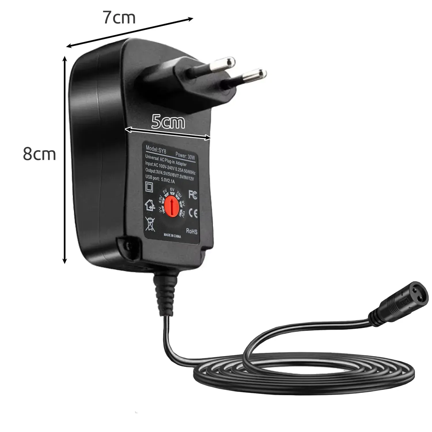 Sursă de alimentare universală neagră de 30 W, cu tensiune reglabilă între 3 și 12 V, USB și 6 mufe