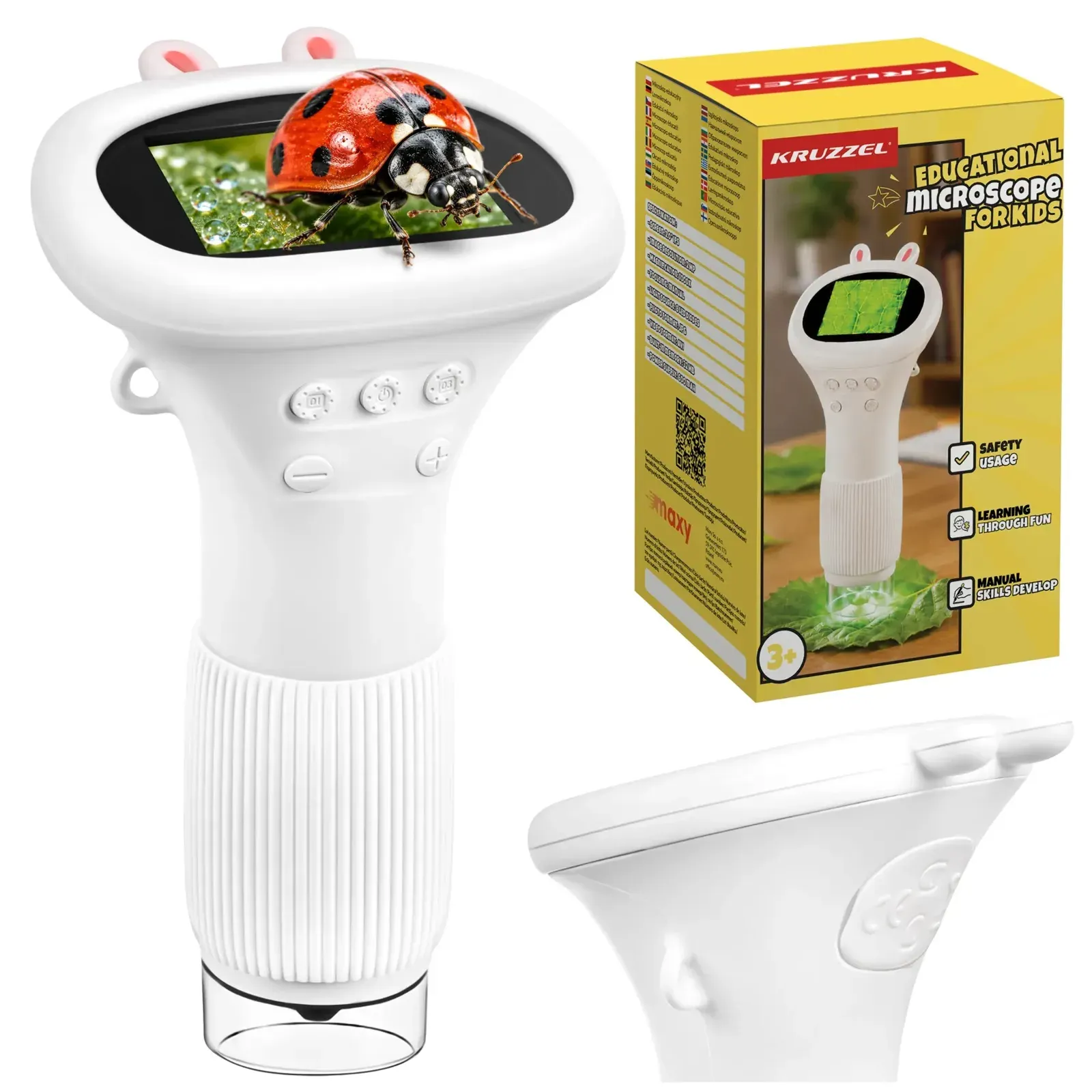 Microscop digital alb de buzunar pentru copii, mărire de până la 1000×, 8 LED-uri, conectare la computer, rezoluție de 2 MP