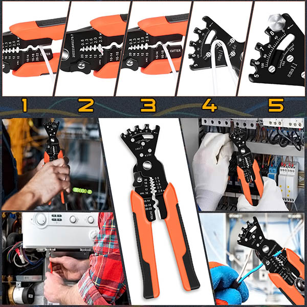 Multifunkčné elektrikárske kliešte 5v1 – odizolovacie, krimpovacie, strihacie náradie na káble 10-24 AWG, oceľ