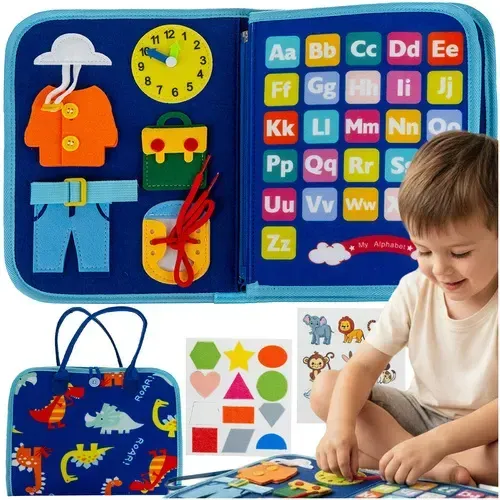 Modrá senzorická kniha Montessori z plsti, 7 aktivít na rozvoj jemnej motoriky