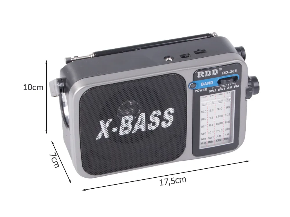 Přenosné rádio FM/AM/SW1/SW2 s X-BASS a LED svítilnou, aku 