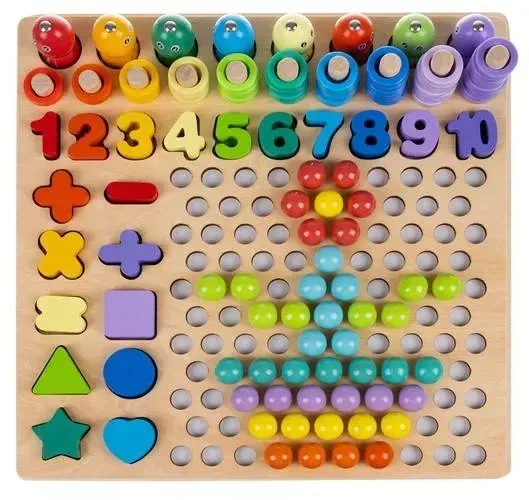 Puzzle mozaic din lemn cu mărgele Montessori, pescuit magnetic, numere, cleștișori, linguriță, șabloane