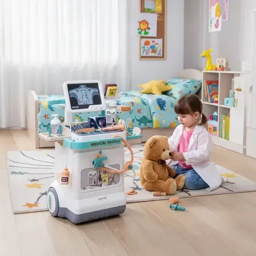 Set medical pentru copii pe cărucior, 26 de piese, cu EKG și raze X, efecte luminoase și sonore