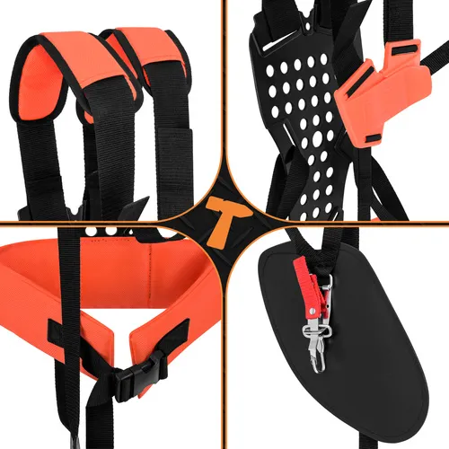 Dvouramenný popruh na křovinořez s bederním pásem 75–135 cm, nosnost 10 kg, ergonomický, nastavitelný 25–55 cm