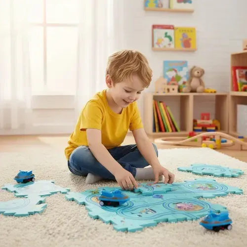 Puzzle tor samochodowy dla dzieci z 3 samochodzikami na baterie i znakami drogowymi, zestaw 25 elementów