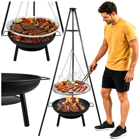 Függesztett grill háromlábon tűzrakóhellyel, 58 cm-es rozsdamentes rács, állítható magasság