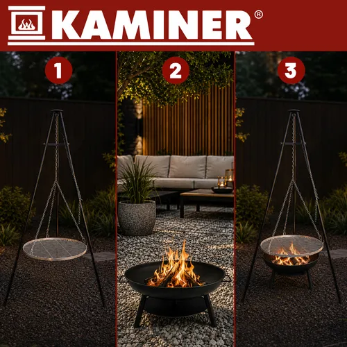 Függesztett grill háromlábon tűzrakóhellyel, 58 cm-es rozsdamentes rács, állítható magasság