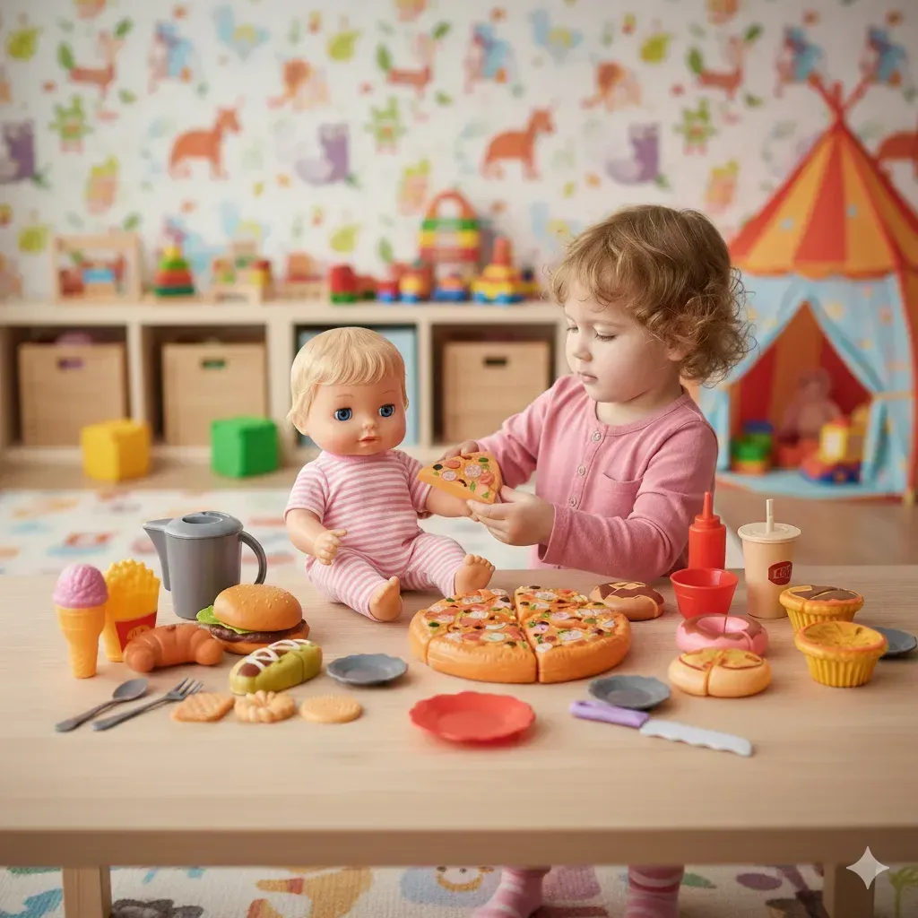 Dětská sada rychlého občerstvení 42 dílů, pizza na krájení se suchým zipem, hamburger a hranolky