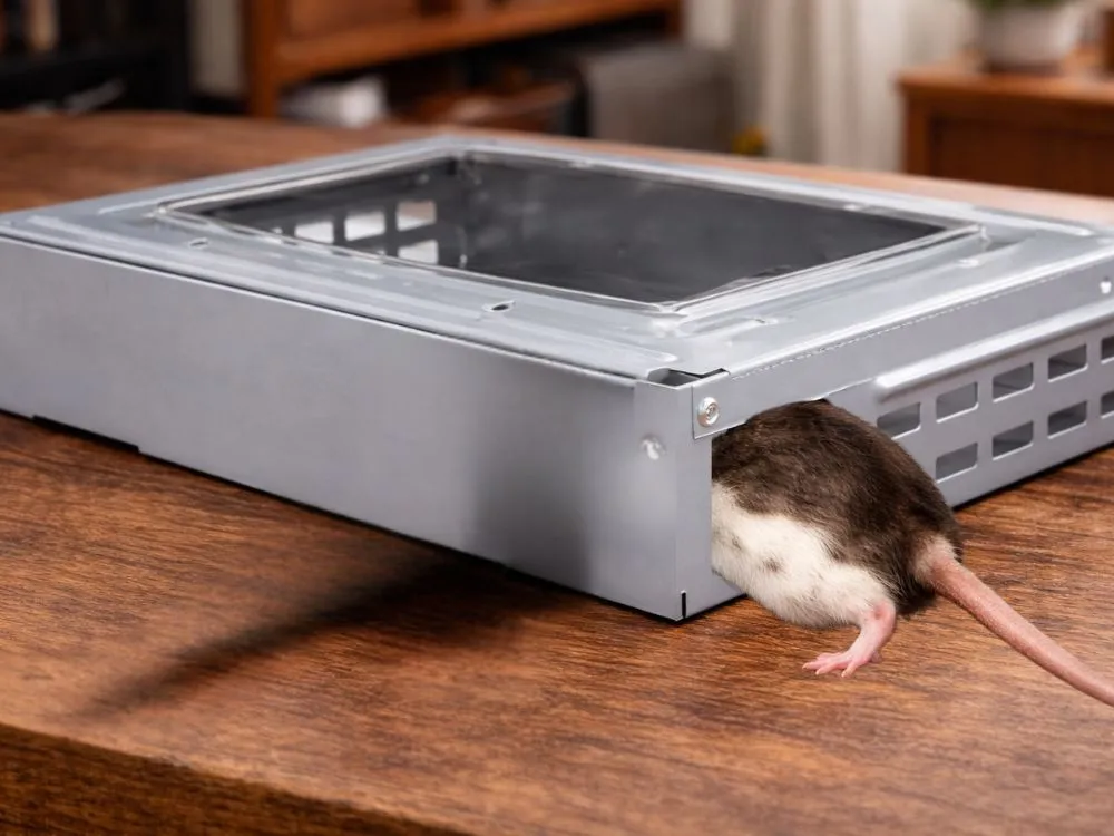 Kovová živolovná past na myši s automatickým zavíráním, humánní odchyt bez jedu, průhledný kryt, opakované použití