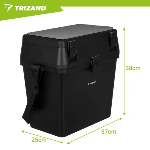 Černý rybářský kufřík se sedátkem a organizéry, nosnost 140 kg, uzamykatelný, ramenní popruh, 38×34×21 cm