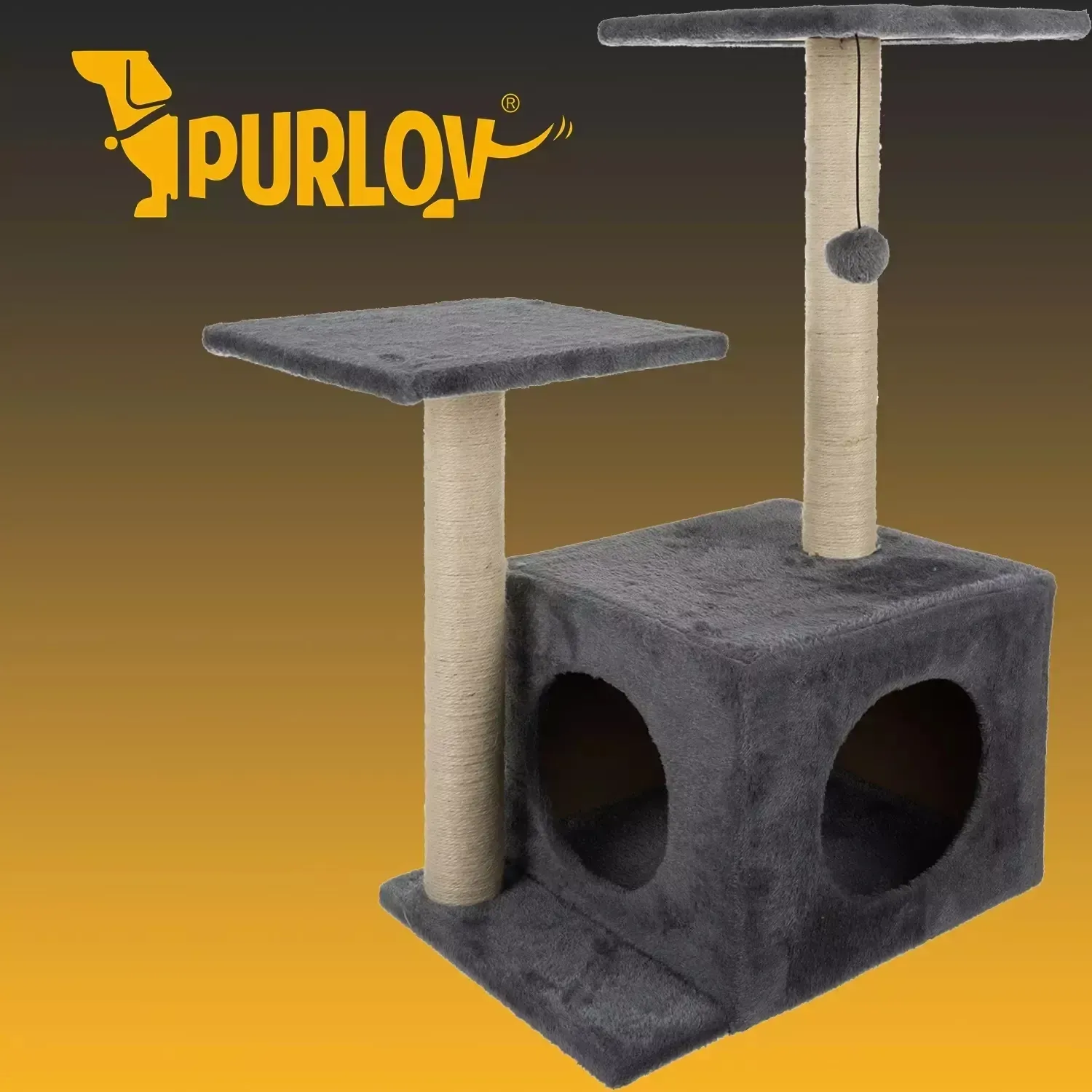 Szürke macskakaparó 4 szinttel és kuckóval 71 cm, szizál, plüss szőrme, platform, gumis játék