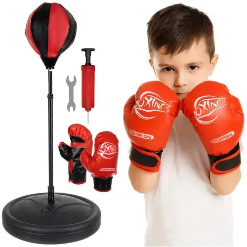 Set de box pentru copii 3 în 1, pară gonflabilă pe suport, mănuși și pompă, înălțime reglabilă de la 70 la 104 cm