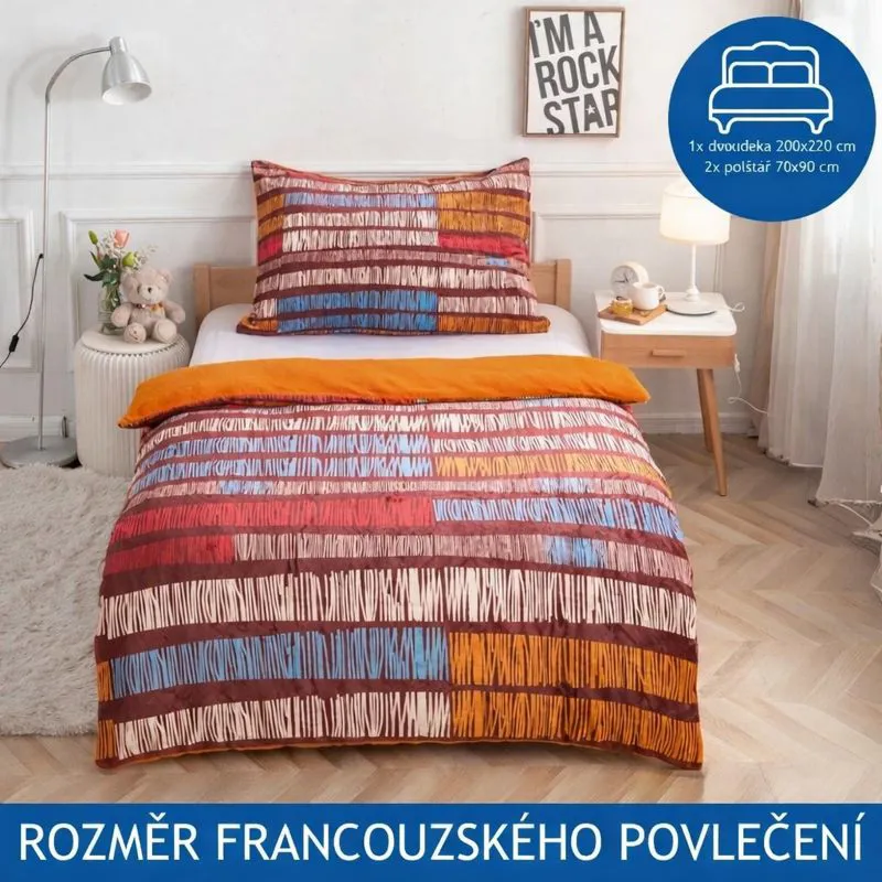Francouzské povlečení Mikroplyš Flanel - Teak s barevnými pruhy 200x220