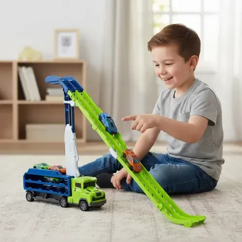 Detský kamión s návesom a autodráhou, 6 kovových autíčok, trecí pohon