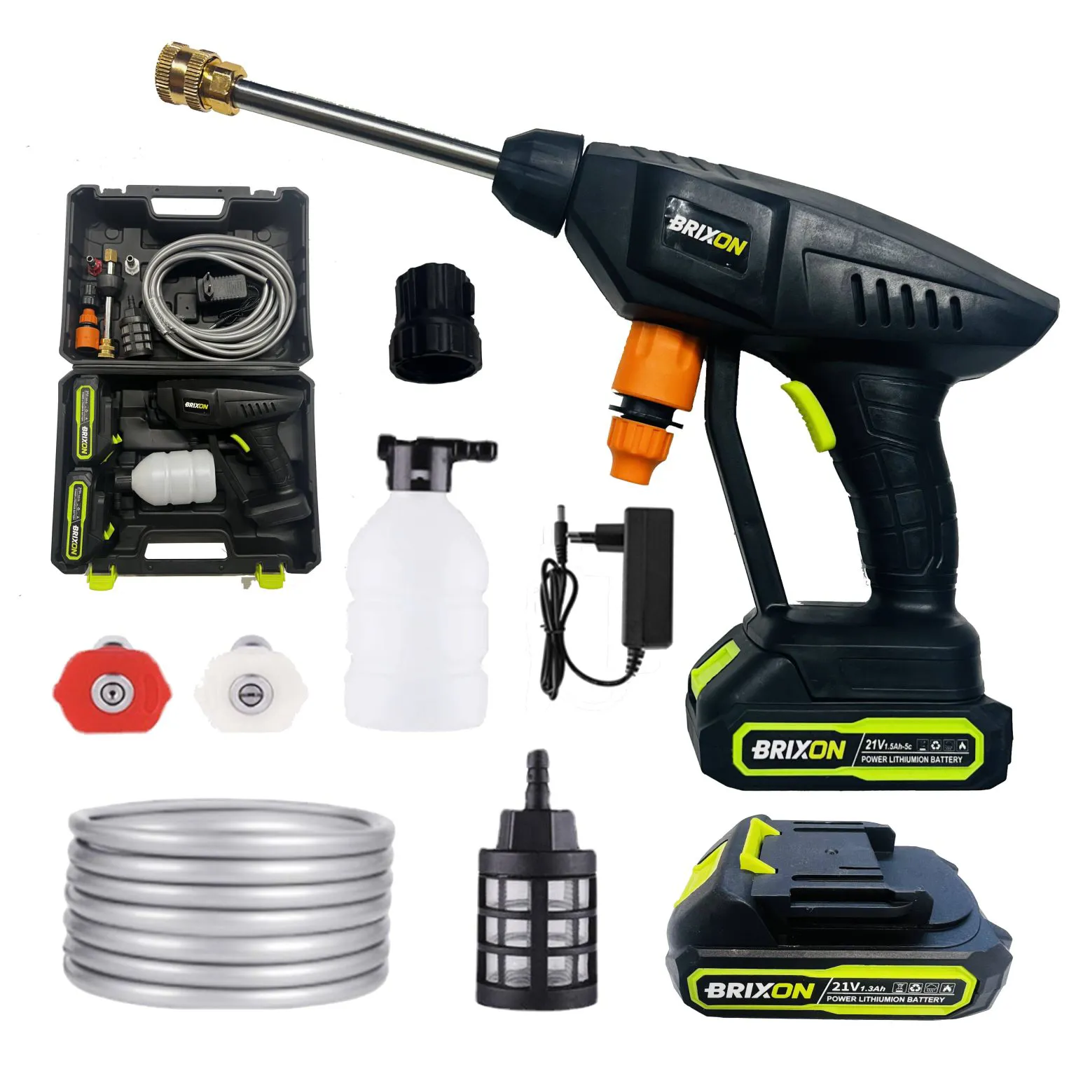 Akumulátorová ručná vysokotlaková čistička 160 W s 2 batériami, tlak 6–10 bar, hadica 5 m, 2 trysky