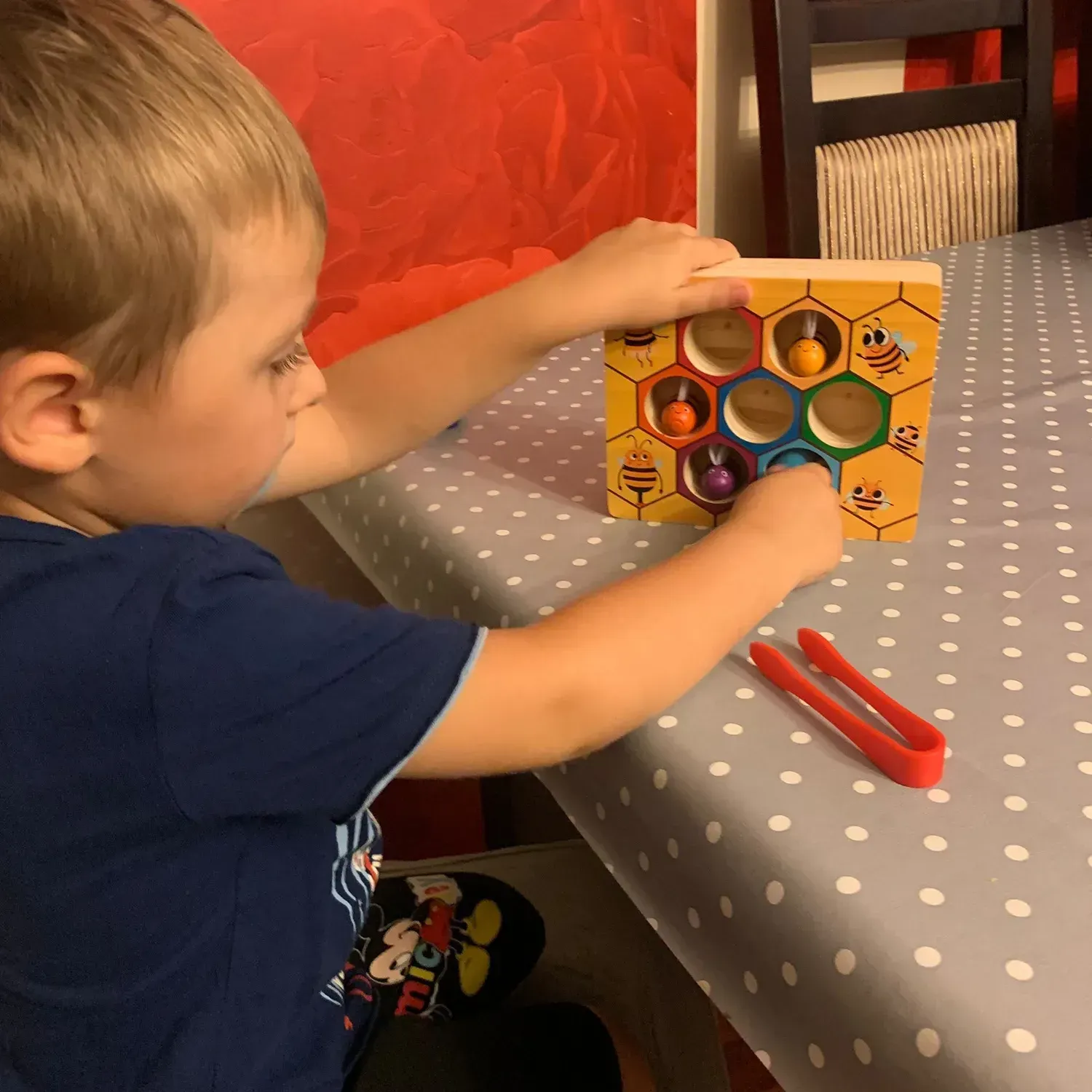 Dřevěná montessori hra chyť včelku, úl se 7 barevnými včelkami a pinzetou, motorická hračka