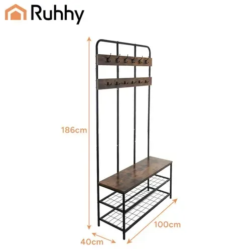 Černý kovový věšák s botníkem a sedákem 186×100×40 cm, 12 háčků, 2 police na boty, MDF lavice do 100 kg, loft styl