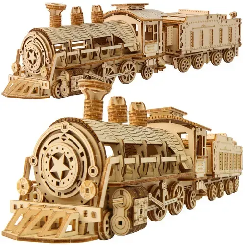 Drewniane puzzle 3D lokomotywa parowa z tendrem, 282 elementy, montaż bez kleju