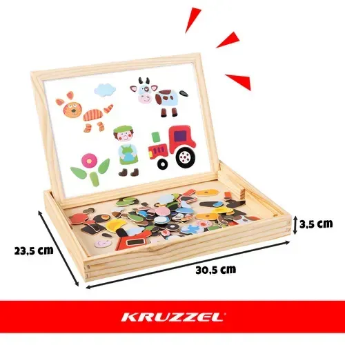 Dětská oboustranná magnetická a křídová tabule v dřevěné krabičce, 108 magnetických dílků