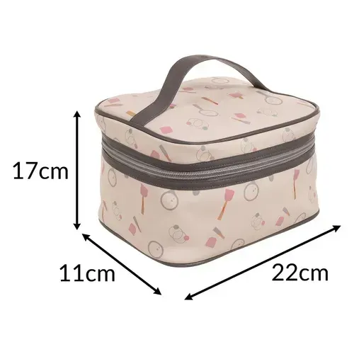 Set cosmetic din lemn pentru copii, 17 piese în borsetă, cu uscător de păr, pieptene și accesorii pentru machiaj