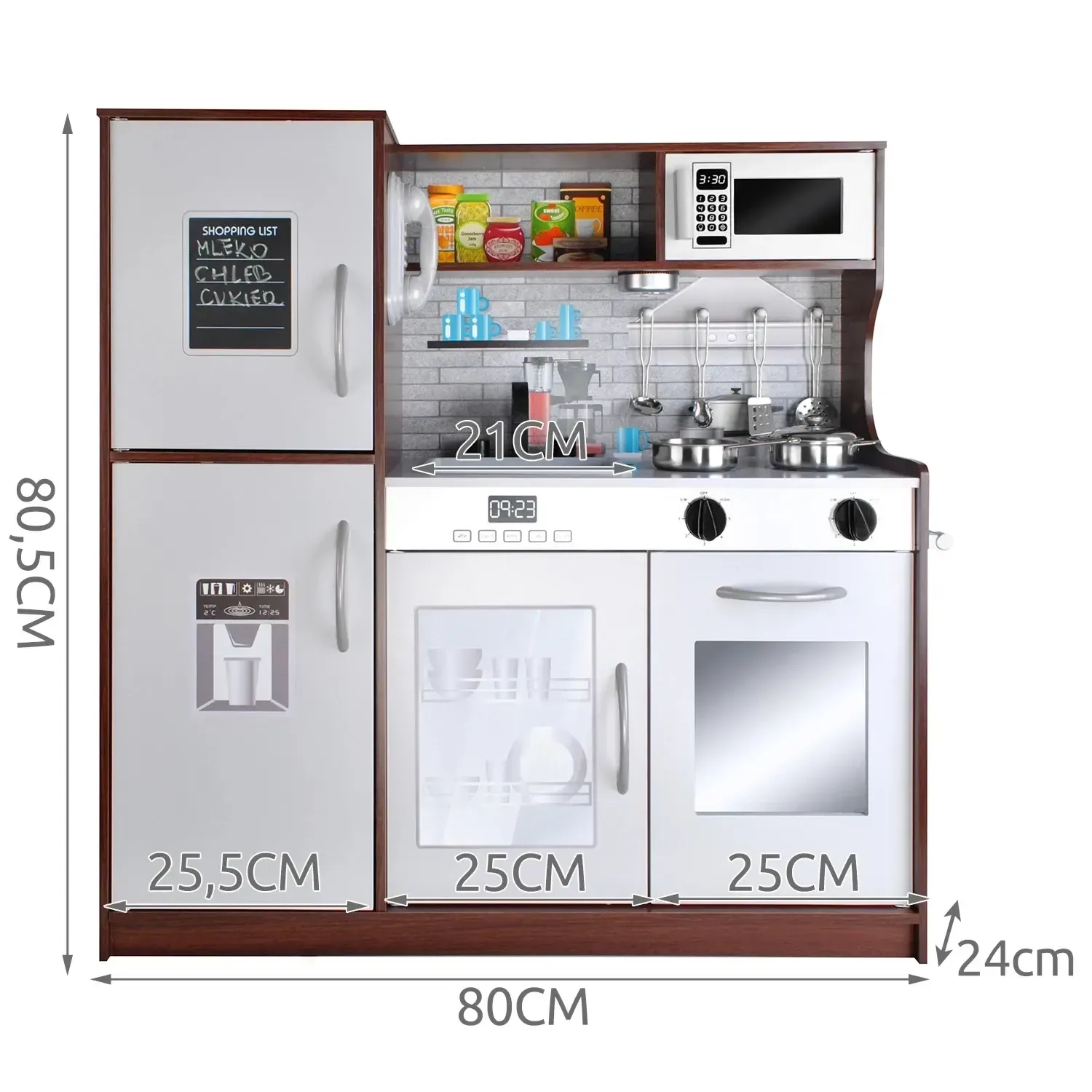 Bucătărie din lemn pentru copii XL 80×80,5 cm cu lumină LED și sunete, oală, tigaie, tacâmuri, cuptor, chiuvetă, maro-alb