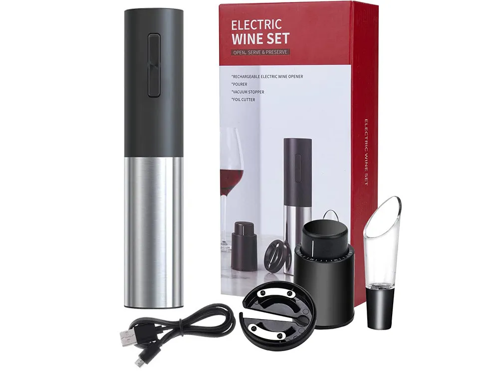 Elektromos borbontó akkumulátoros készlet fóliavágóval, dugóval és kiöntővel, USB-C töltés