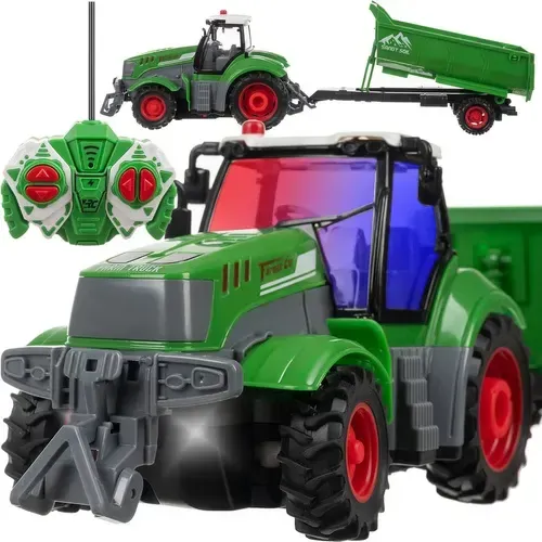 Zöld távirányítós RC traktor billenős pótkocsival, LED-világítással, USB-töltéssel