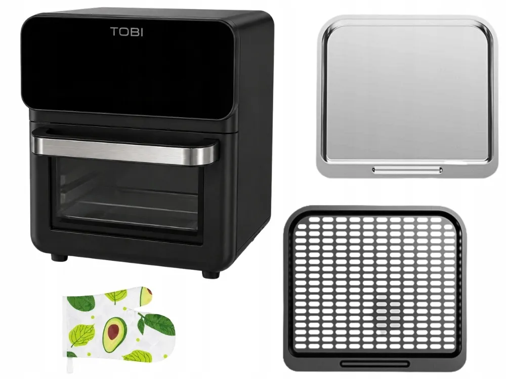 Černá horkovzdušná fritéza bez oleje 16l 2400W s dotykovým panelem, 10 programů, cirkulace 360, teplota 80–200 C, prosklená dvířka