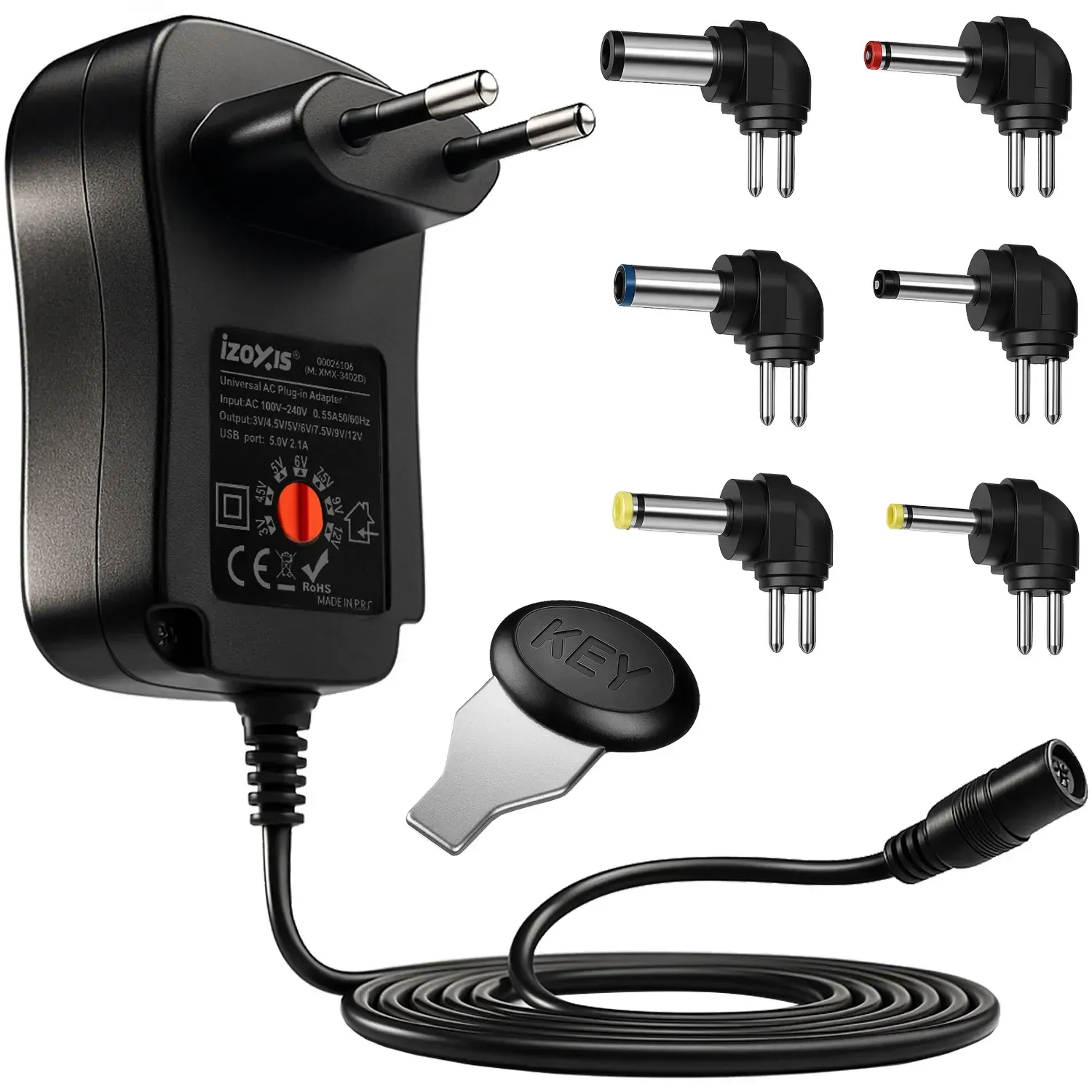 Sursă de alimentare universală neagră de 30 W, cu tensiune reglabilă între 3 și 12 V, USB și 6 mufe