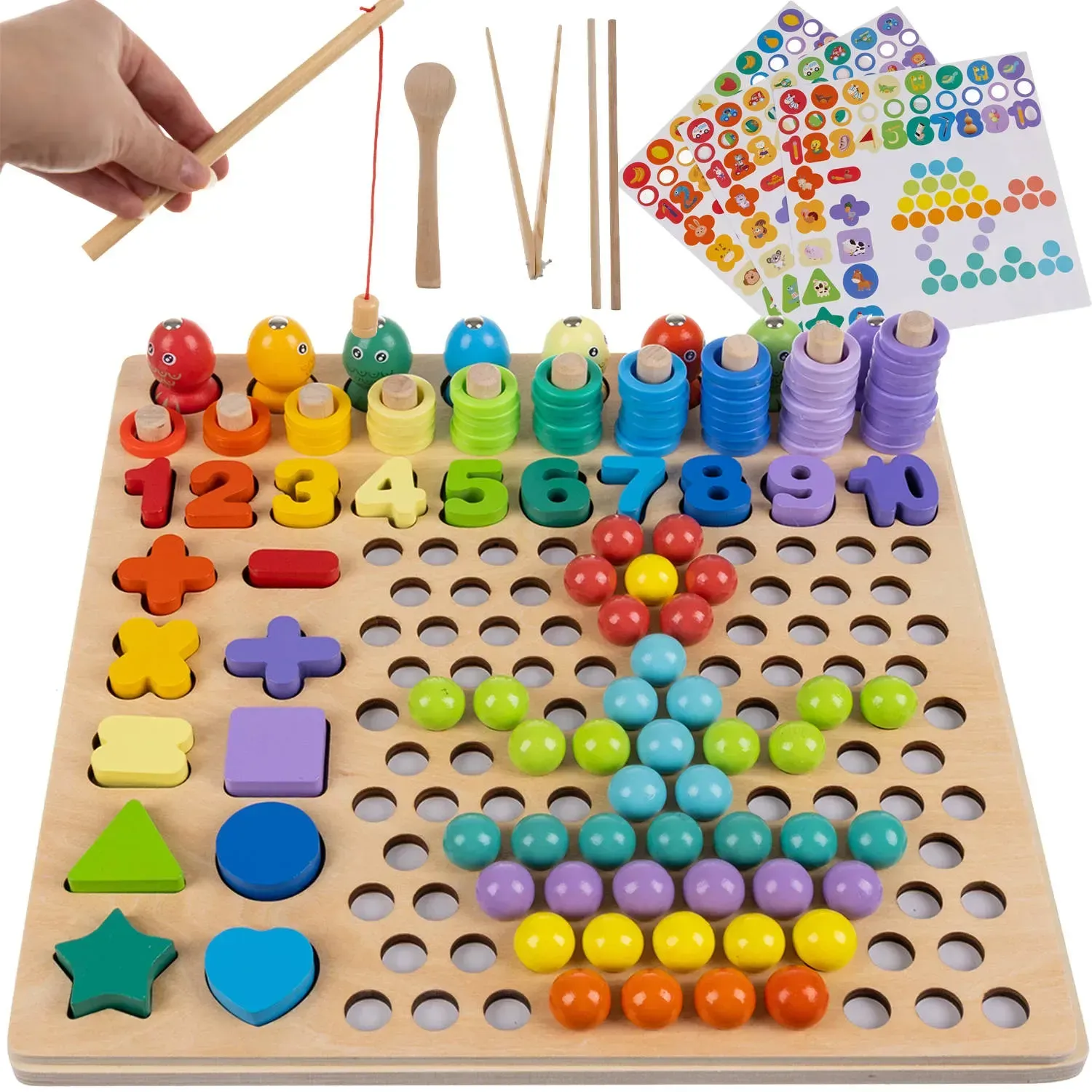 Puzzle mozaic din lemn cu mărgele Montessori, pescuit magnetic, numere, cleștișori, linguriță, șabloane