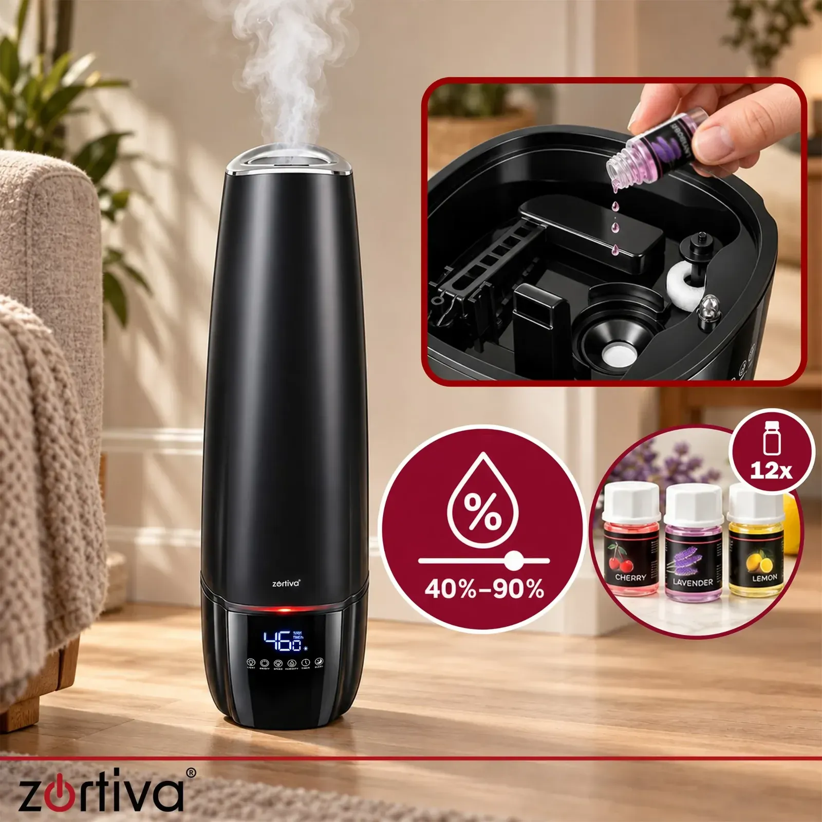 Zvlhčovač vzduchu s aroma difuzérem, časovačem a dálkovým ovládáním, 12 vonných olejů, objem 6,5 l
