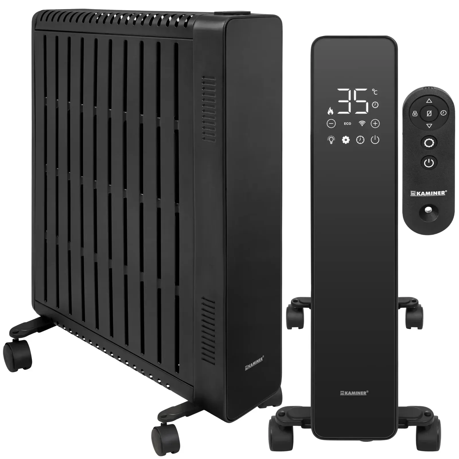Černý elektrický olejový radiátor 2500 W s termostatem, 11 žeber, dálkové ovládání přes WiFi