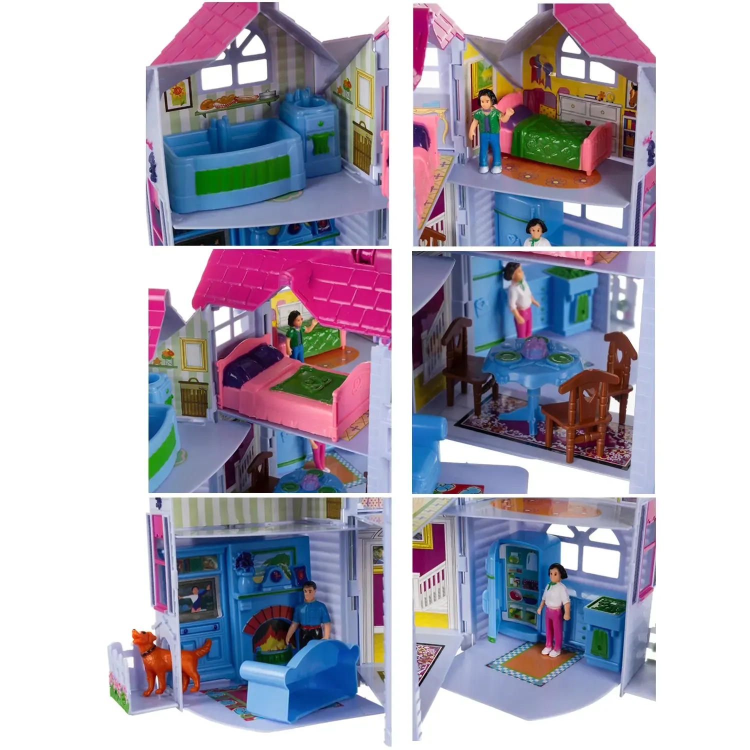 Căsuță pliabilă pentru păpuși cu 6 camere, mobilier, 3 figurine și un câine