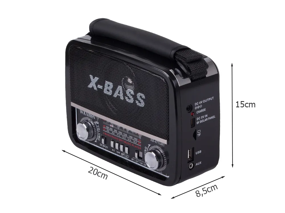 Fekete hordozható rádió 3 sáv FM/AM/SW MP3 lejátszóval USB/microSD/AUX, X-BASS, LED lámpa, hálózati és elemes tápellátás