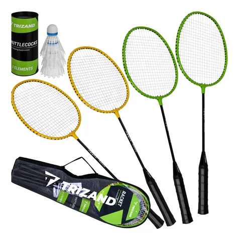 Sada na badminton, 4 rakety a 3 košíčky, délka rakety 66,5 cm, hliníková slitina, lehká