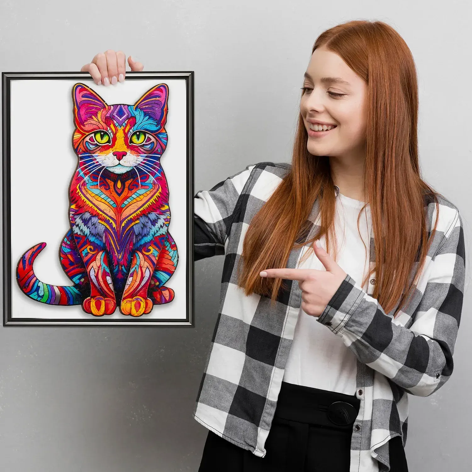 Fa macskás puzzle 130 darabból, díszítőmintákkal, dobozban, zárható tasakkal