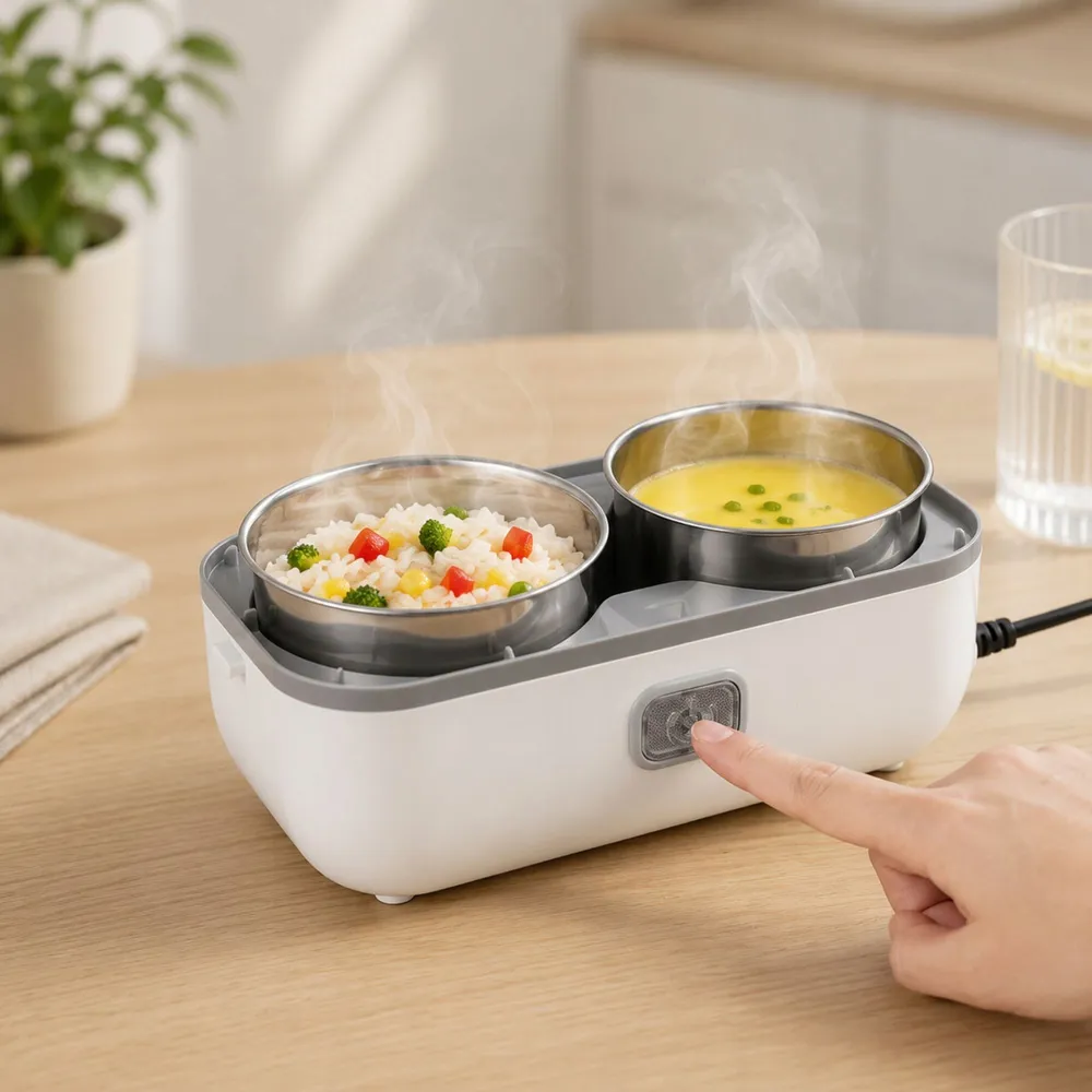 Bílá elektrická obědová krabička 2,2l s parním ohřevem 200W, 4 nerezové nádoby, dvoupatrová