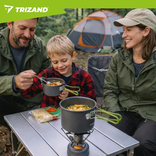 Kempingová a turistická sada nádobí 7ks, hrnec 0,8l, pánev 0,4l a skládací příbor v pouzdře